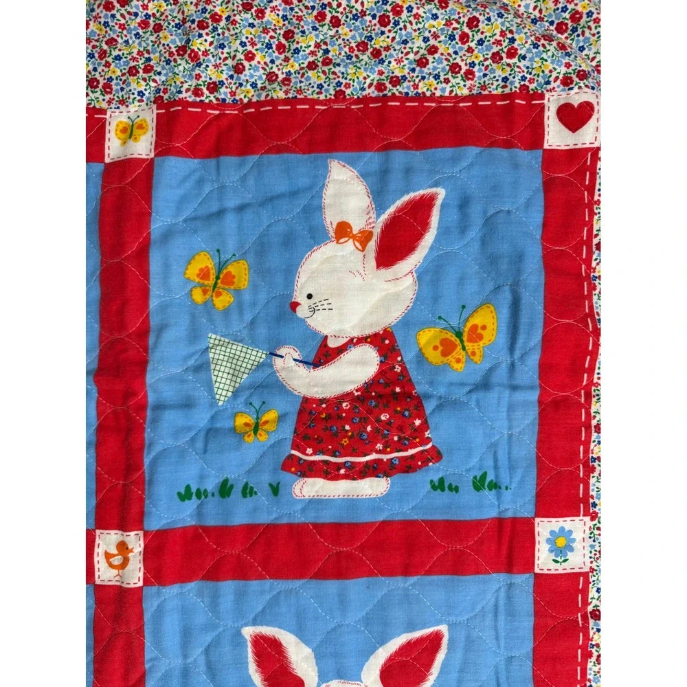 Vtg Bunny Quilt Blanket Crib Wall Hanging Applique Calico Floral Red Blue Ties